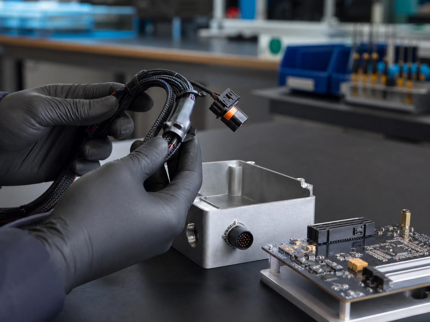 Cable harness assembly in the UV Electronics workshop